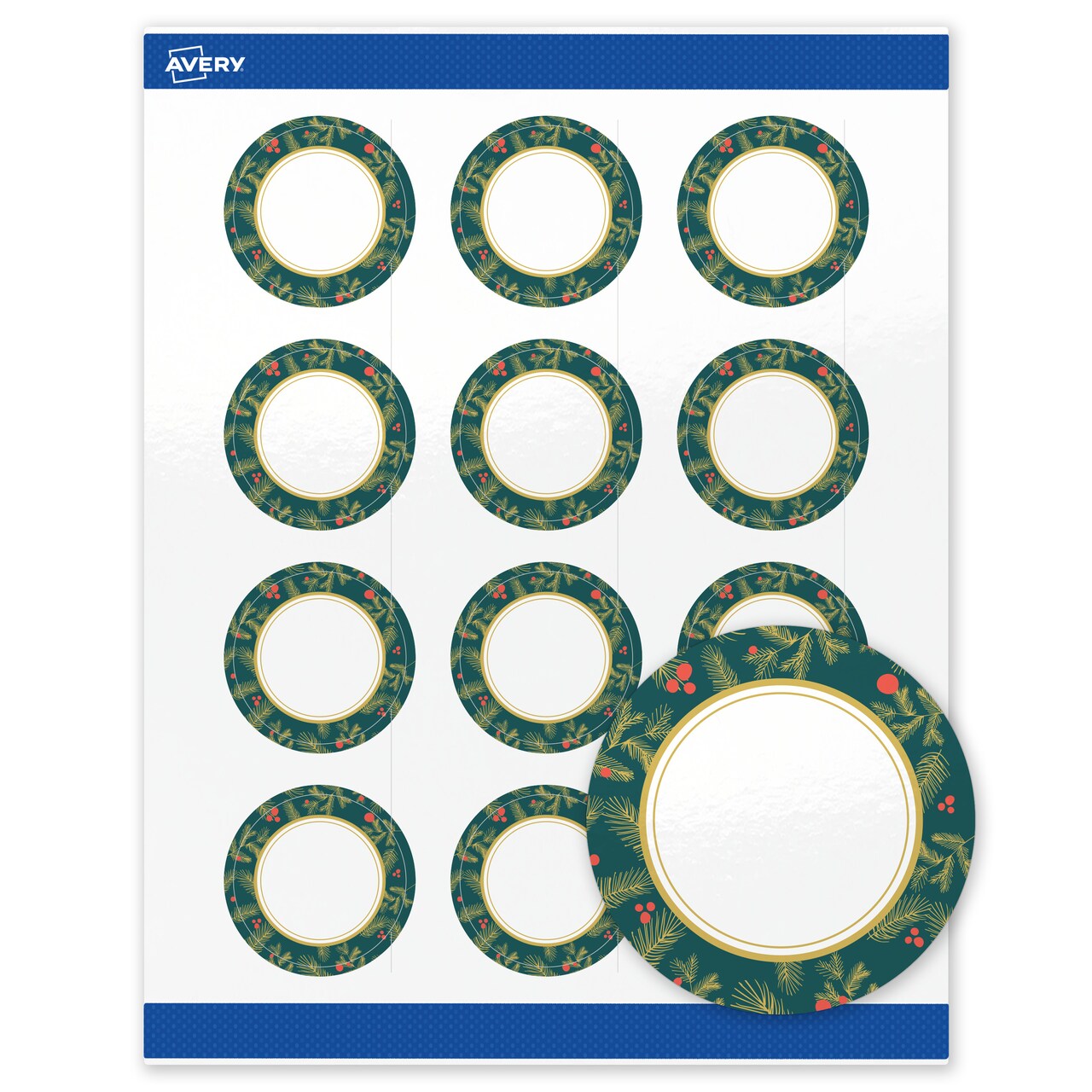 Avery Printable Christmas Labels with Sure Feed Technology, Round, 2" Diameter, Pre-Printed Teal & Metallic Gold Border with Holly Design, Glossy White, Laser & Inkjet Compatible, 120 Total